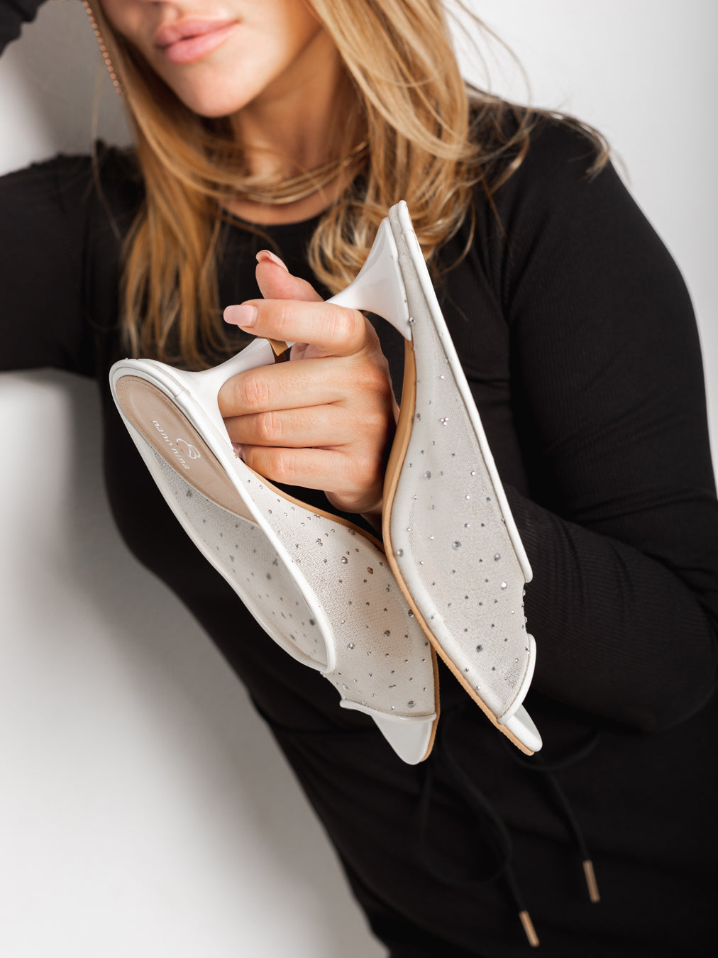 White Rhinestone Mesh Peep-Toe Mule Heels