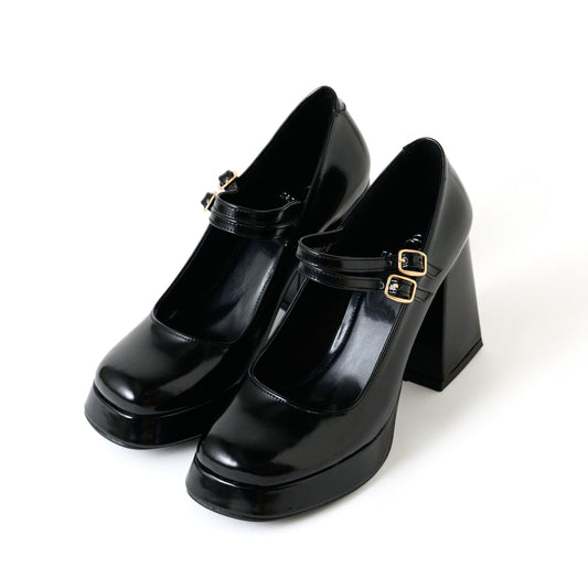 Black Patent Mary Jane Platform Heels with Block Heel