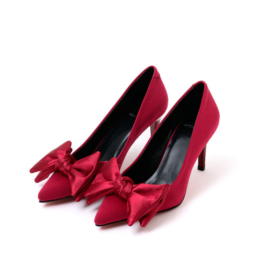 Crimson Bow-Detail Pointed-Toe Stiletto Pumps