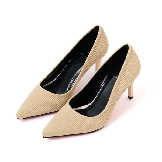 Textured Beige Pointed-Toe Stiletto Pumps