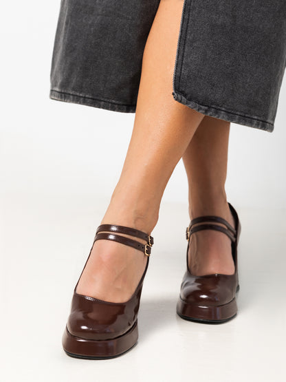 Chocolate Brown Mary Jane Platform Heels with Block Heel