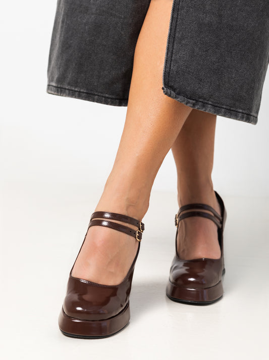 Chocolate Brown Mary Jane Platform Heels with Block Heel
