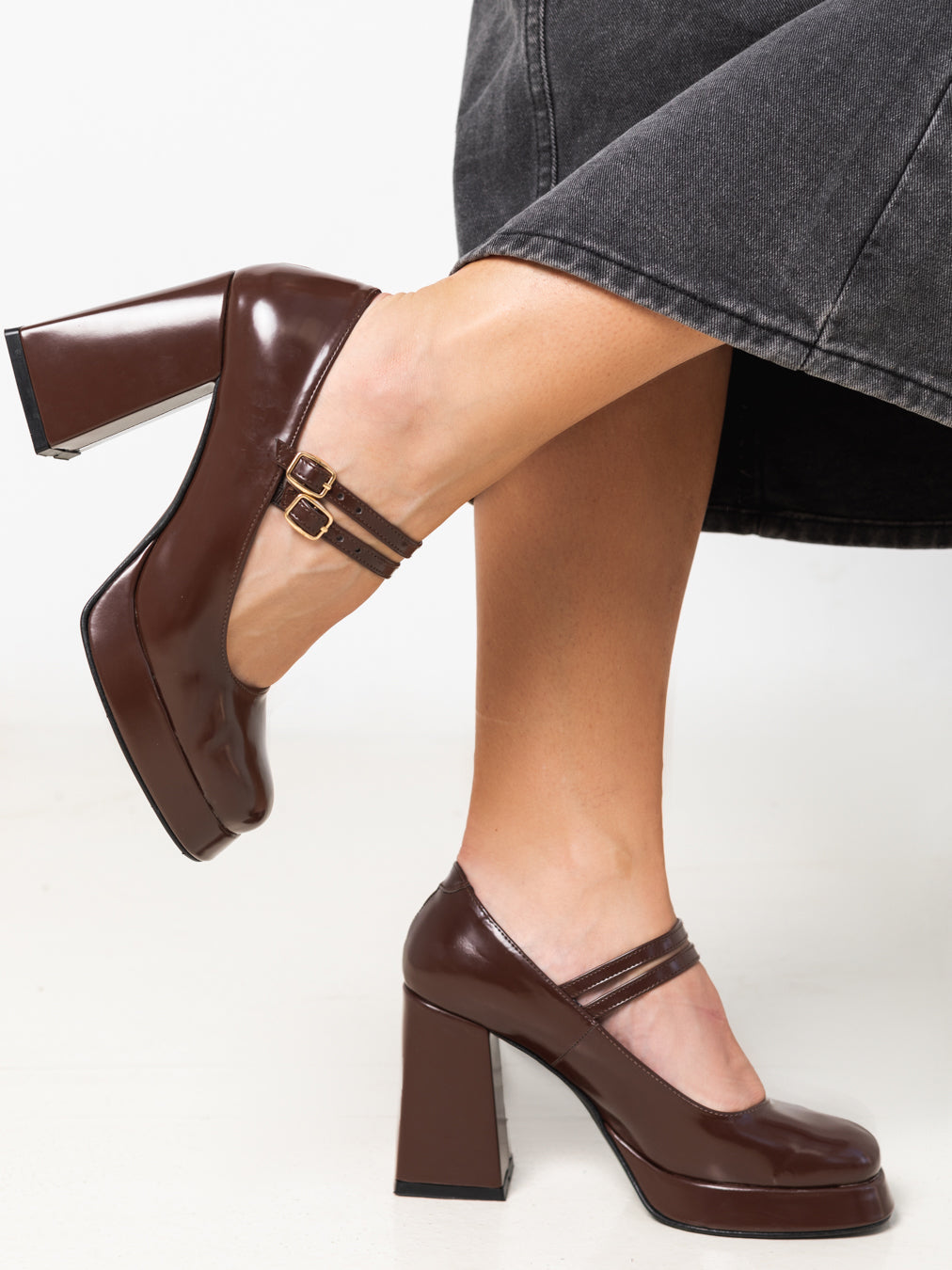 Chocolate Brown Mary Jane Platform Heels with Block Heel