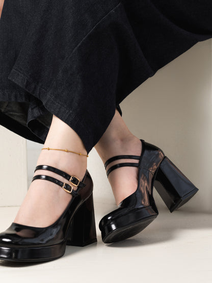 Black Patent Mary Jane Platform Heels with Block Heel