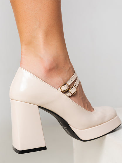 Cream Mary Jane Platform Heels with Block Heel