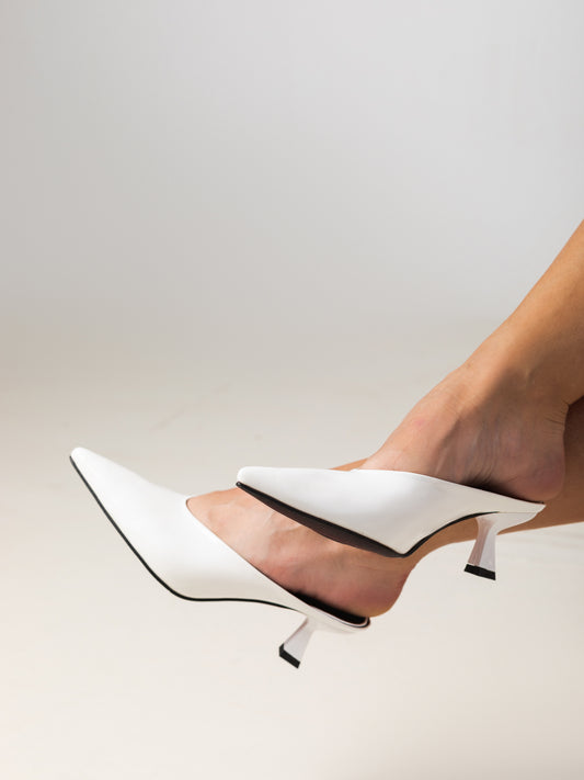 White Glossy Pointed-Toe Mule Heels