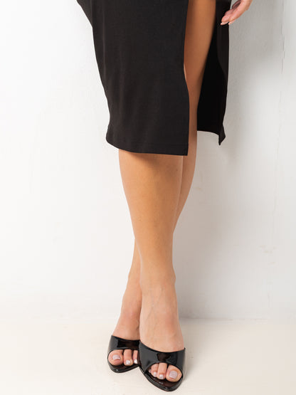 Black Metallic Open-Toe Mule Heels