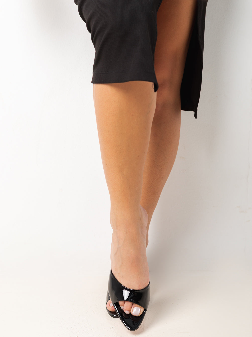 Black Metallic Open-Toe Mule Heels