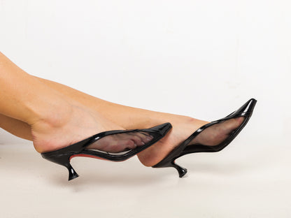 Black Glossy Mesh Pointed-Toe Mule Heels