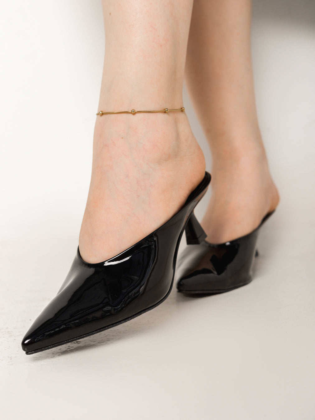 Black Glossy Pointed-Toe Mule Heels