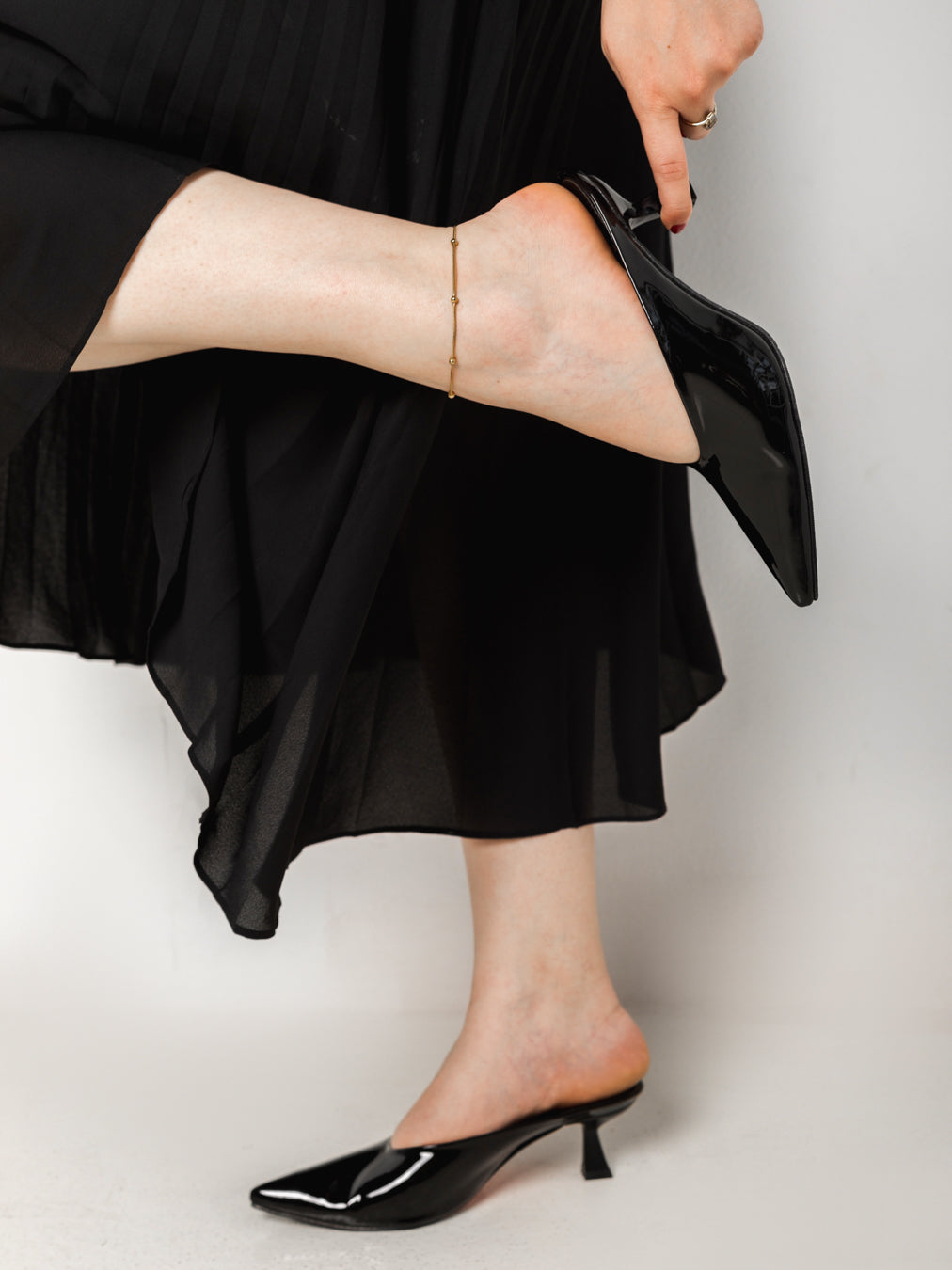 Black Glossy Pointed-Toe Mule Heels