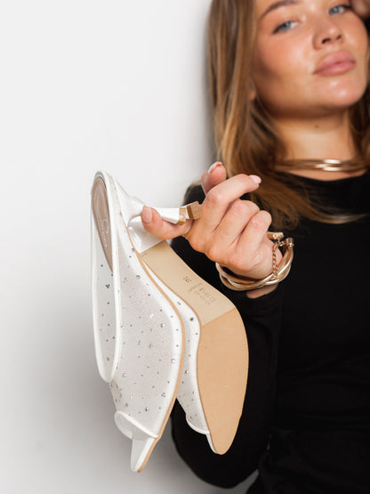 White Rhinestone Mesh Peep-Toe Mule Heels