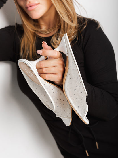 White Rhinestone Mesh Peep-Toe Mule Heels
