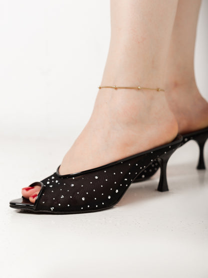 Black Rhinestone Mesh Peep-Toe Mule Heels