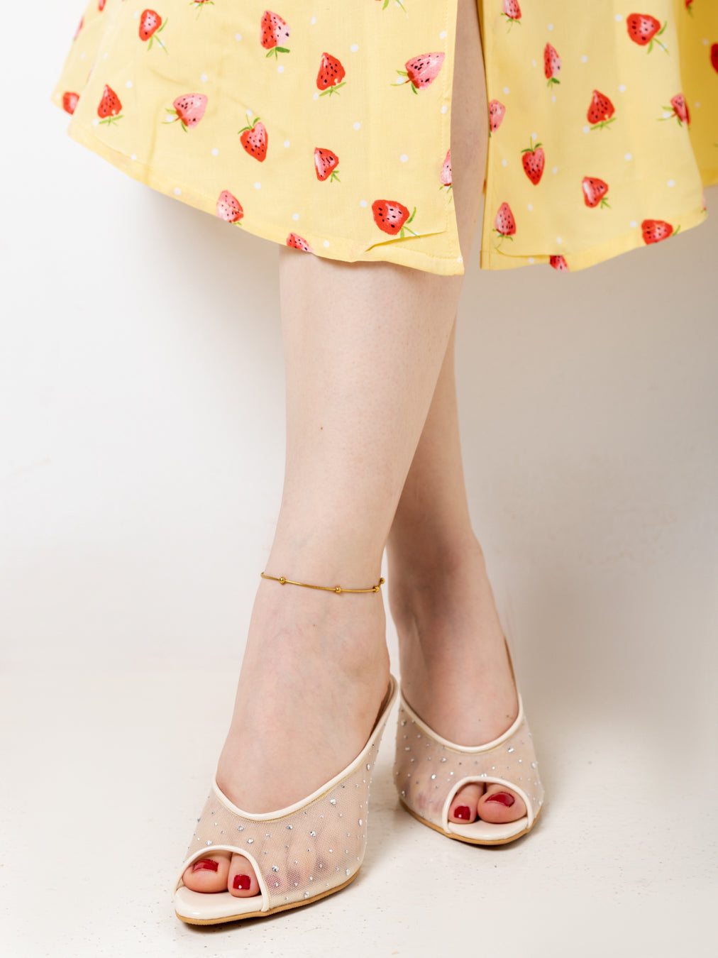 Beige Rhinestone Mesh Peep-Toe Mule Heels