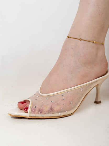 Beige Rhinestone Mesh Peep-Toe Mule Heels