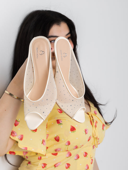 Beige Rhinestone Mesh Peep-Toe Mule Heels
