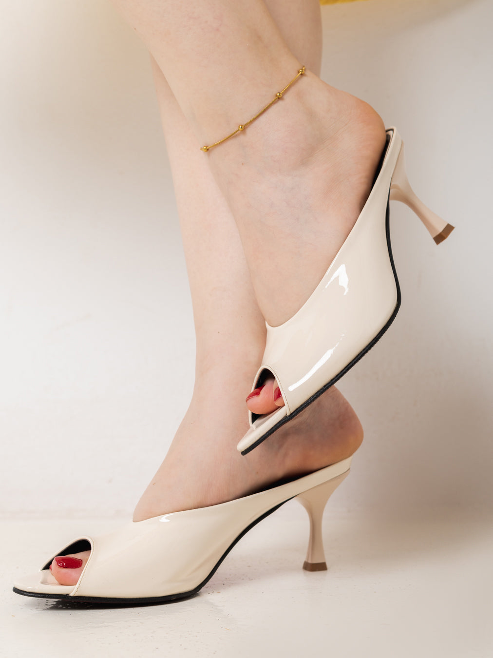 Beige Glossy Peep-Toe Mule Heels