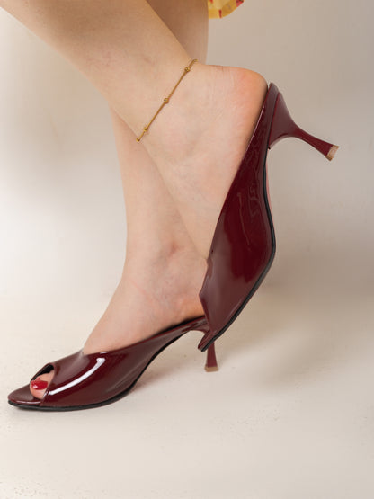 Burgundy Glossy Peep-Toe Mule Heels