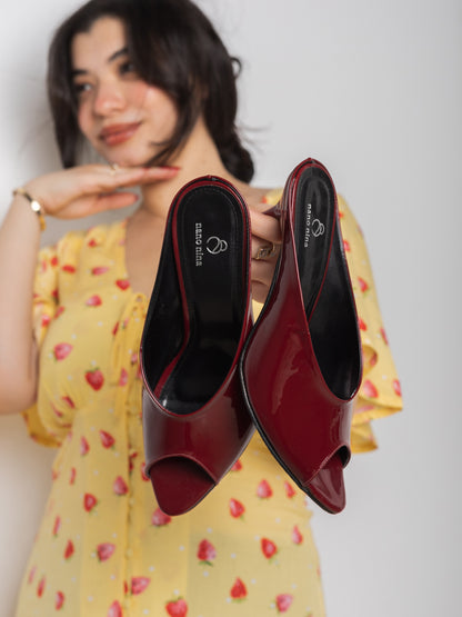 Burgundy Glossy Peep-Toe Mule Heels