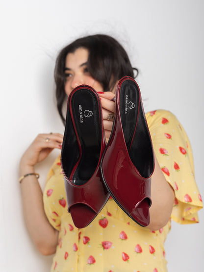 Burgundy Glossy Peep-Toe Mule Heels