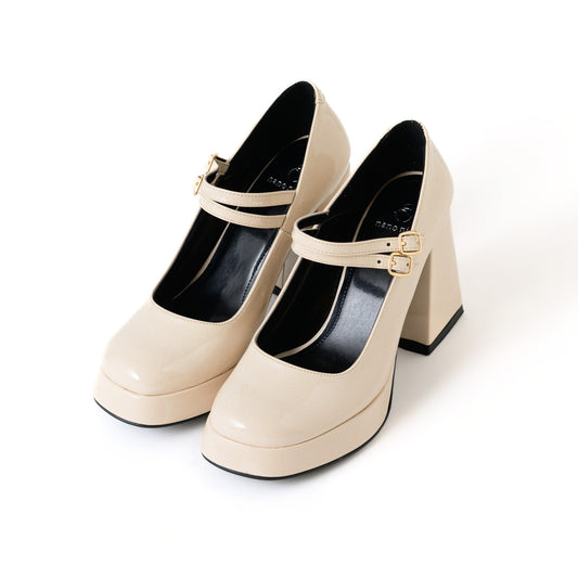 Cream Mary Jane Platform Heels with Block Heel