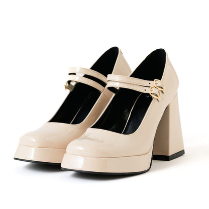 Cream Mary Jane Platform Heels with Block Heel