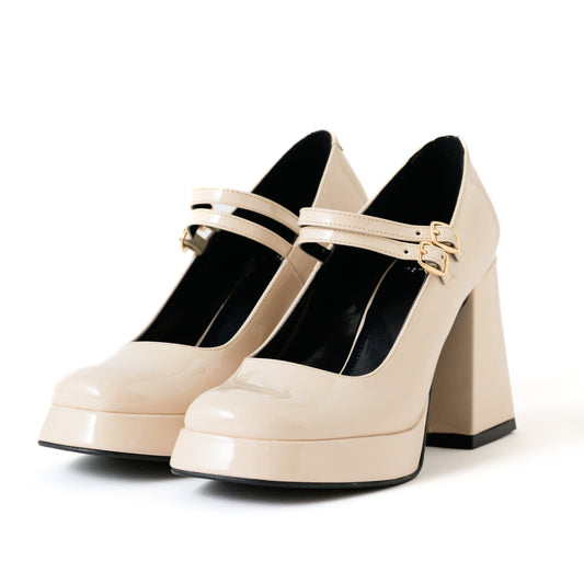 Cream Mary Jane Platform Heels with Block Heel