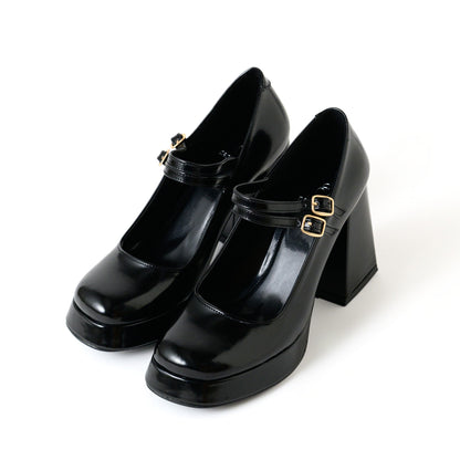 Black Patent Mary Jane Platform Heels with Block Heel