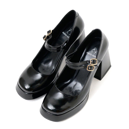 Black Patent Mary Jane Platform Heels with Block Heel
