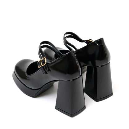Black Patent Mary Jane Platform Heels with Block Heel