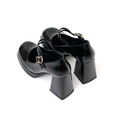 Black Patent Mary Jane Platform Heels with Block Heel