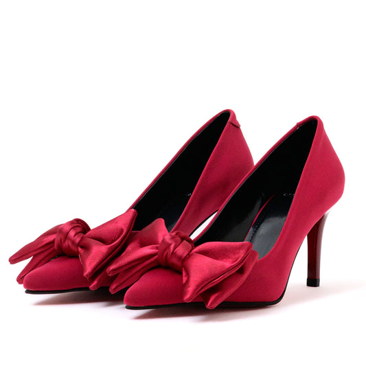 Crimson Bow-Detail Pointed-Toe Stiletto Pumps
