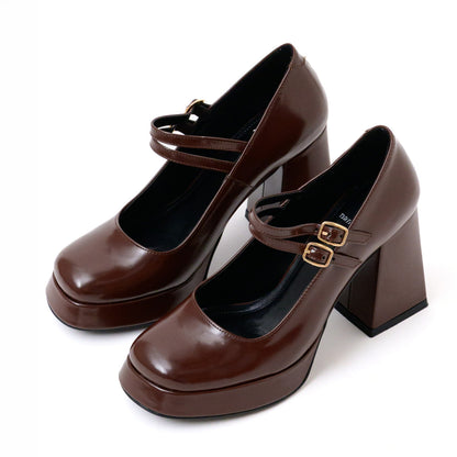 Chocolate Brown Mary Jane Platform Heels with Block Heel